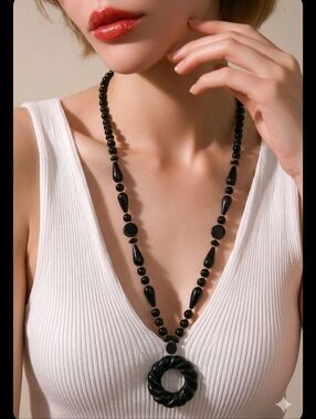 Vintage Black Onyx Statement Necklace with Carved Twisted Ring Pendant